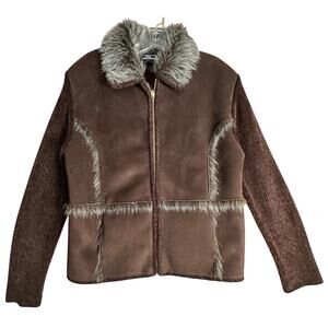 Vtg Y2K Lisa International Faux Suede Knit Jacket with Faux Fur Trim Women Sz L
